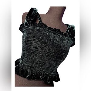 Womens Emerald Green Velvet Smocked Ruffle Crop Top Sz S Feminine Forest Fairy